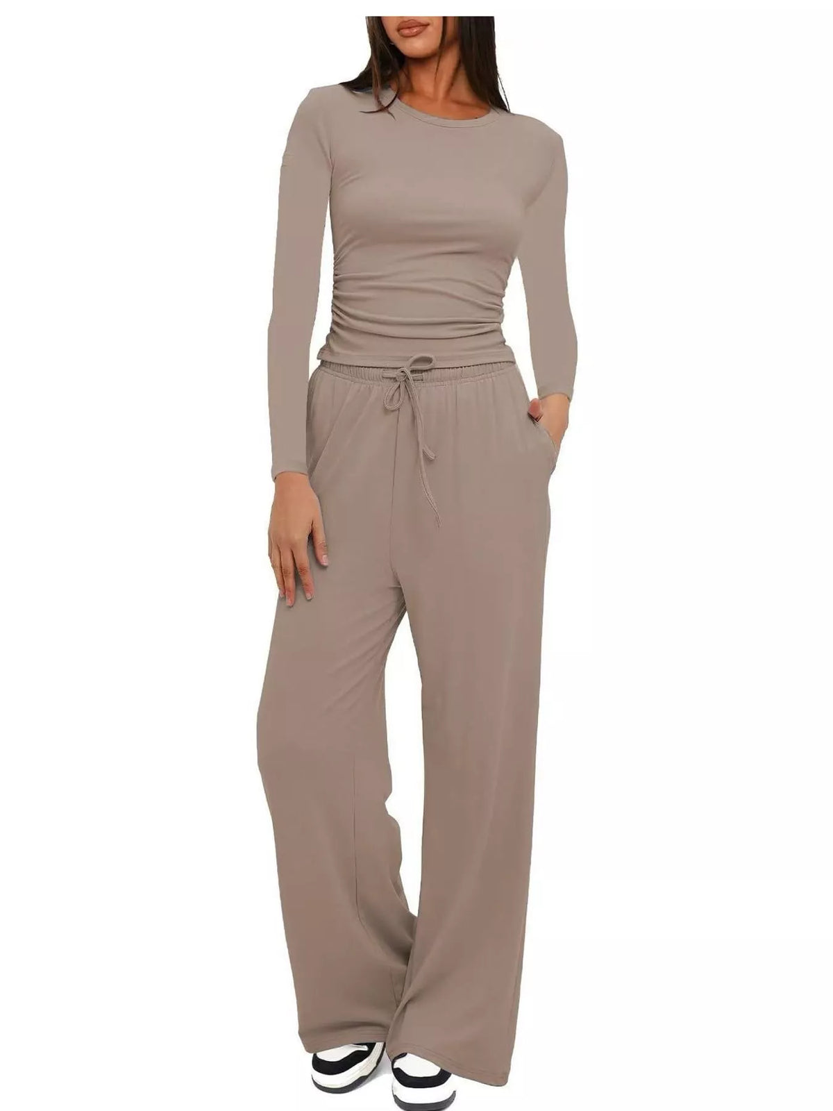 Long Sleeve Top and Wide-Leg Drawstring Pants Set — front view