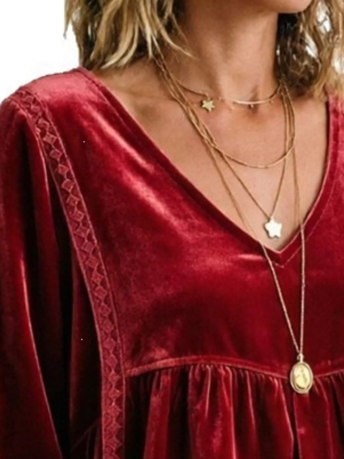 Women's V-Neck Long-Sleeve Velvet Blouse with Lace Trim — alternate view 22