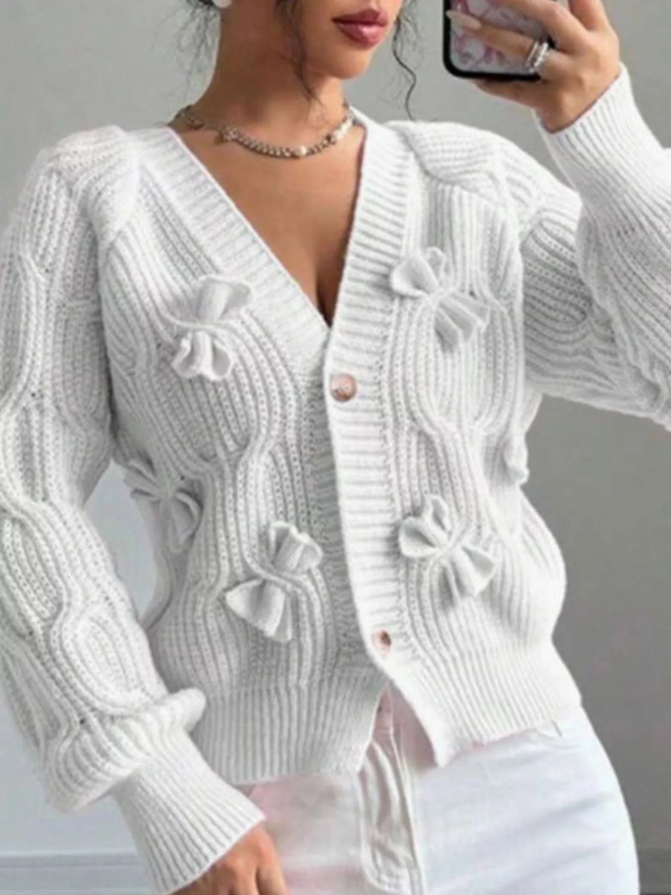 Trendsi Bow Cable Knit V-Neck Cardigan -