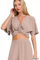 Trendsi Zenana Woven Airflow Twisted Top & Wide Leg Pants Set -