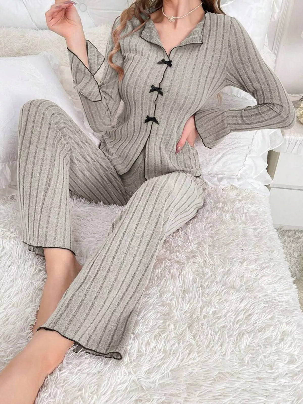 Women's Contrast Bow Detail Top and Pants Lounge Set in Black, back view