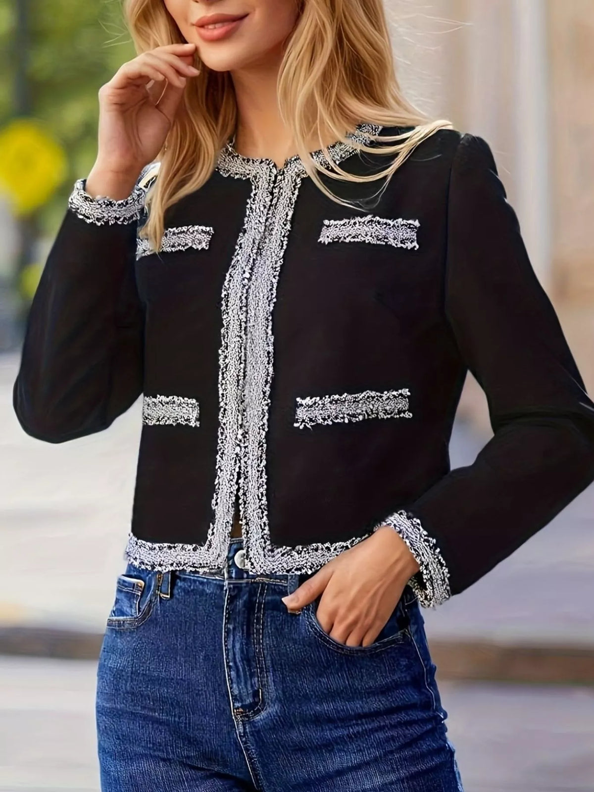 Black Tweed-Trim Open-Front Jacket with Pockets lifestyle front view