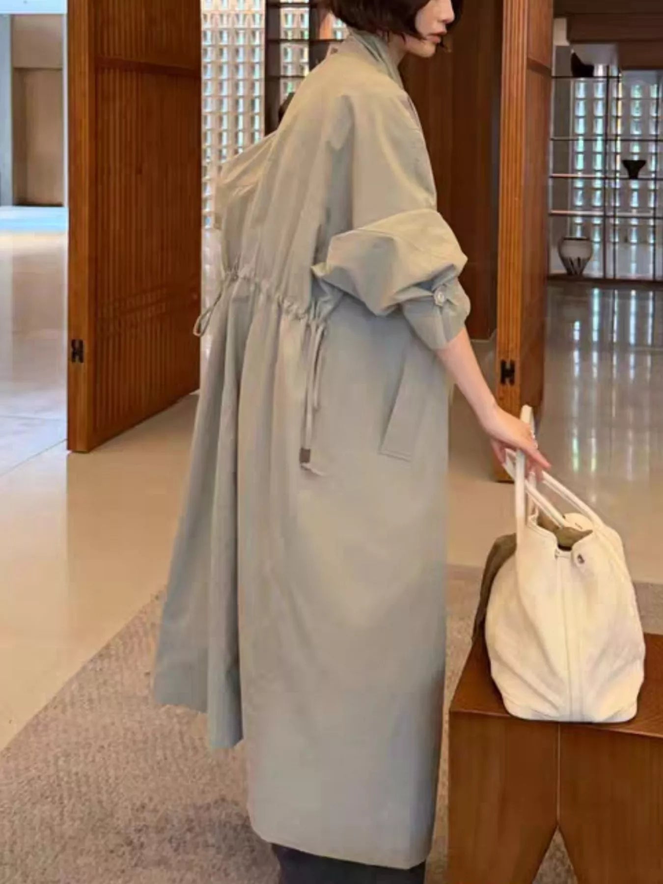 Trendsi Drawstring Open Front Longline Trench Coat -