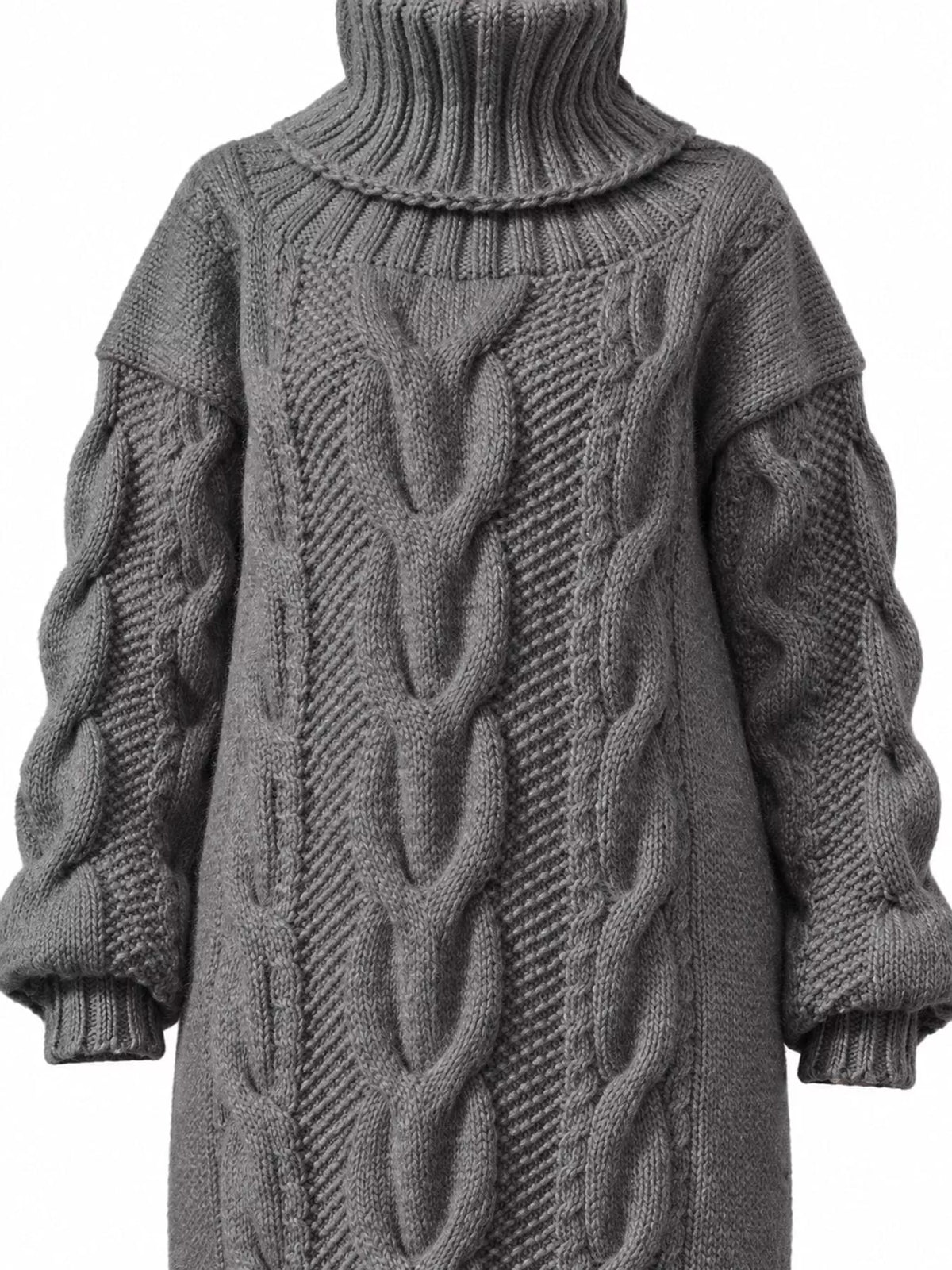 Gray oversized cable knit turtleneck sweater dress