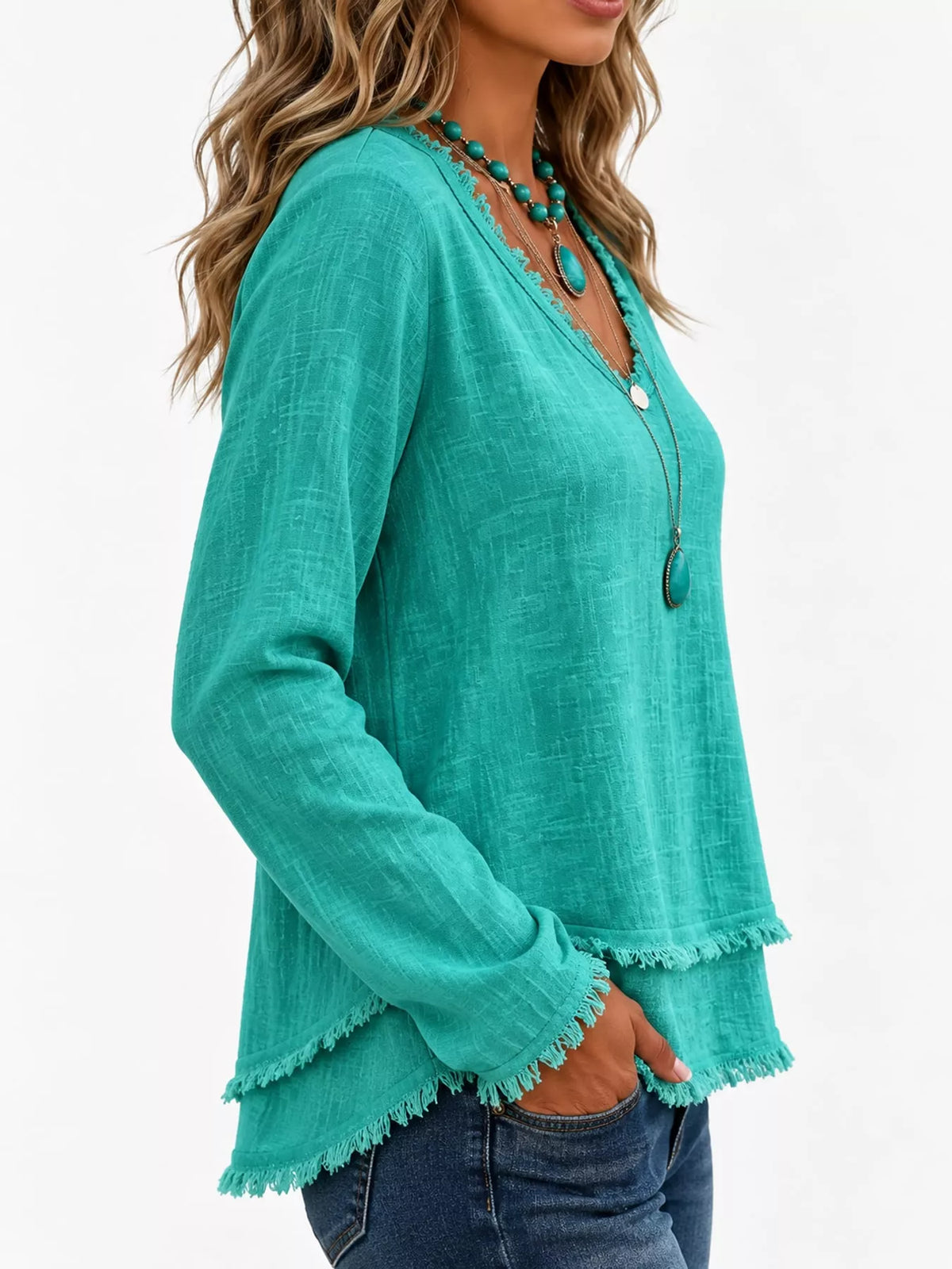 Frayed-hem blouse, teal angled front