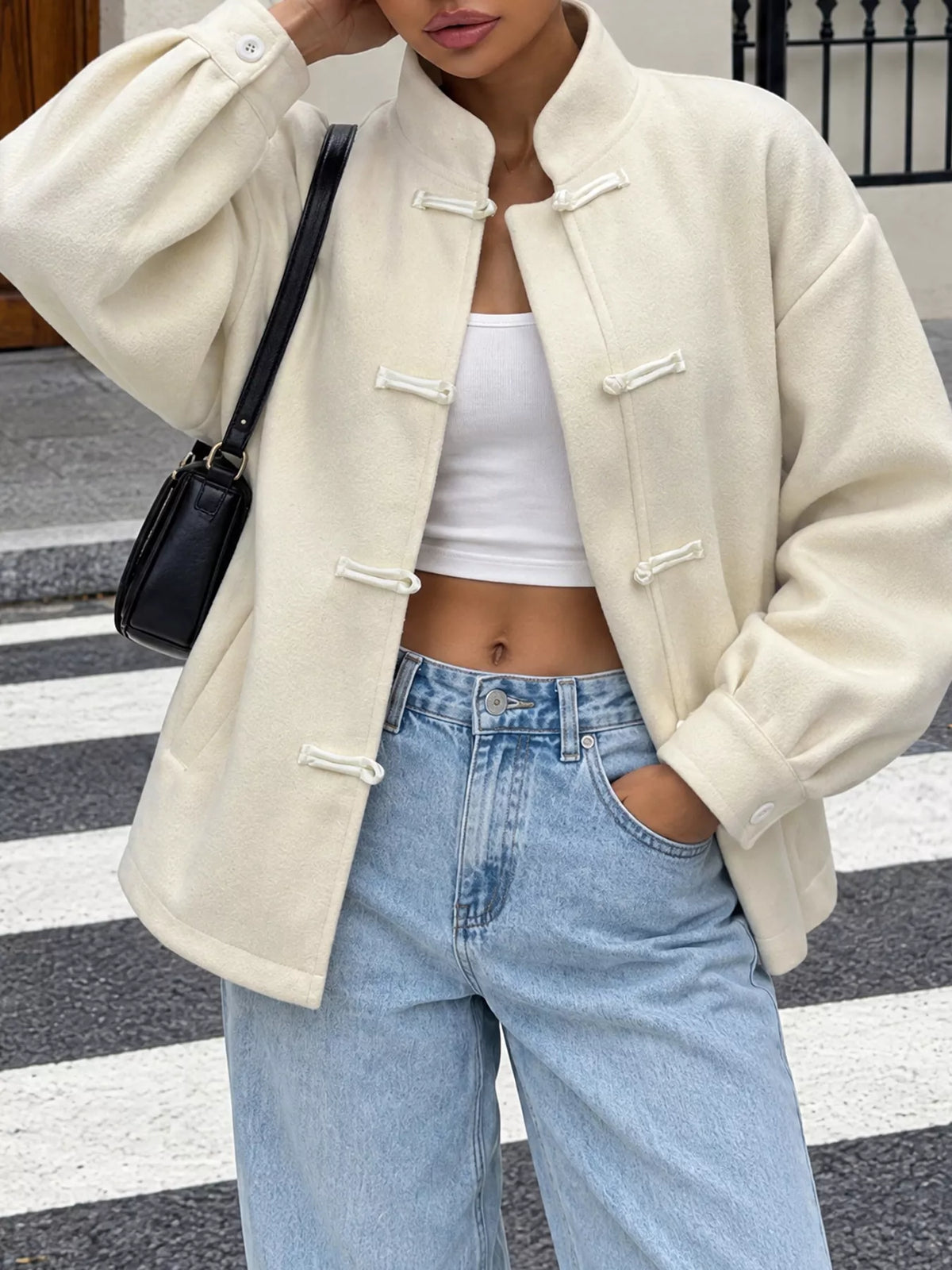 Frog Button Dropped Shoulder Jacket — front view