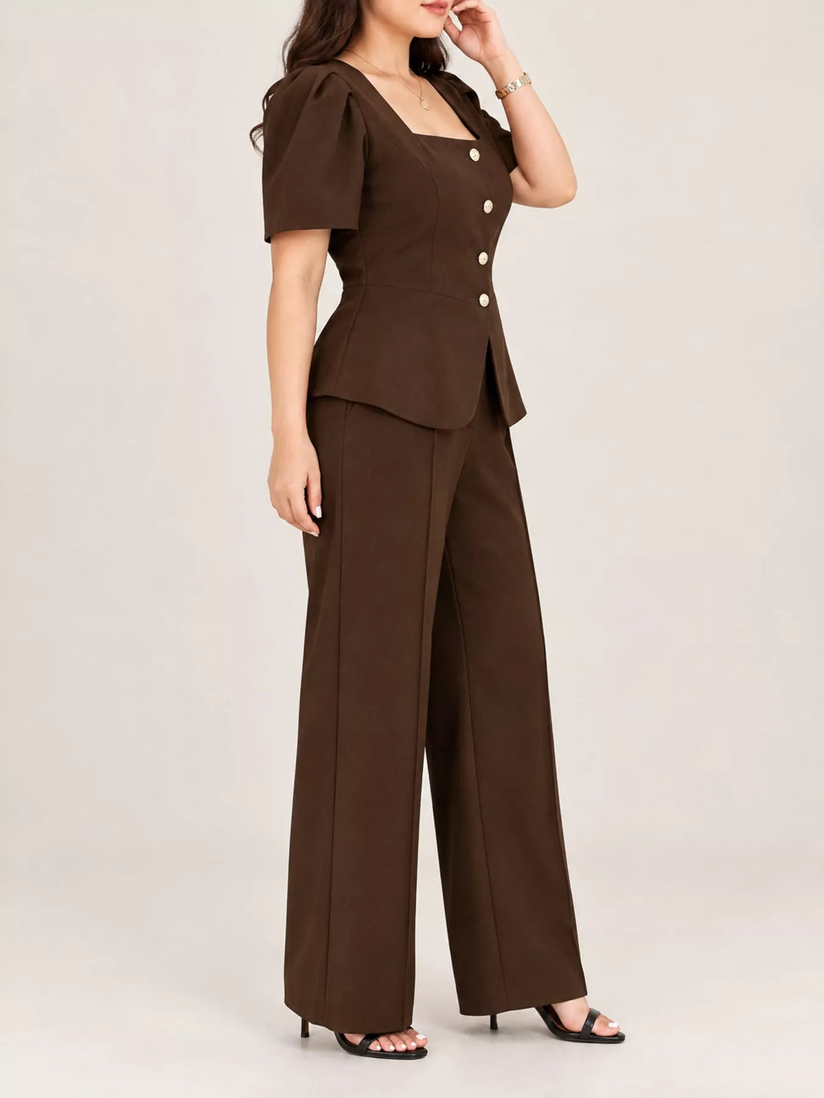 Peplum top and pants set, brown side