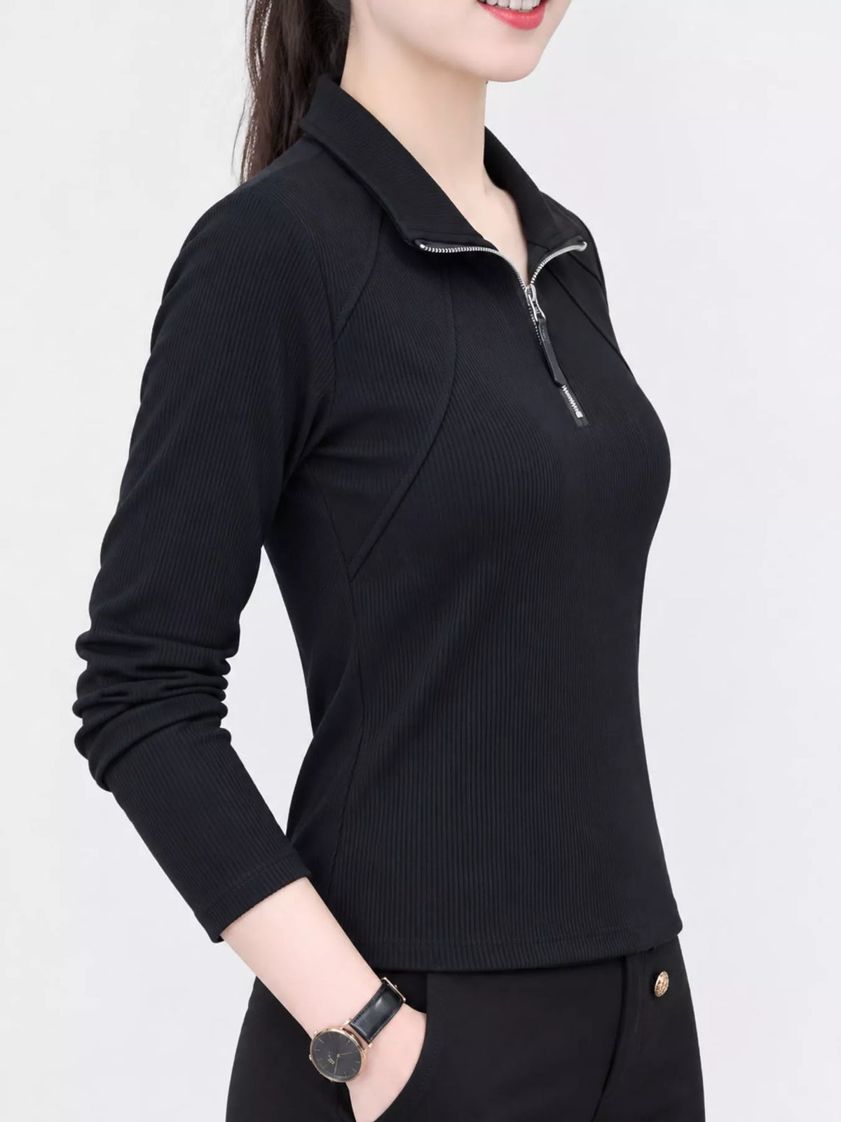 Quarter-zip ribbed top, black side