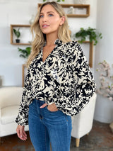Trendsi Double Take Full Size Printed Ruffle Trim Balloon Sleeve Shirt -