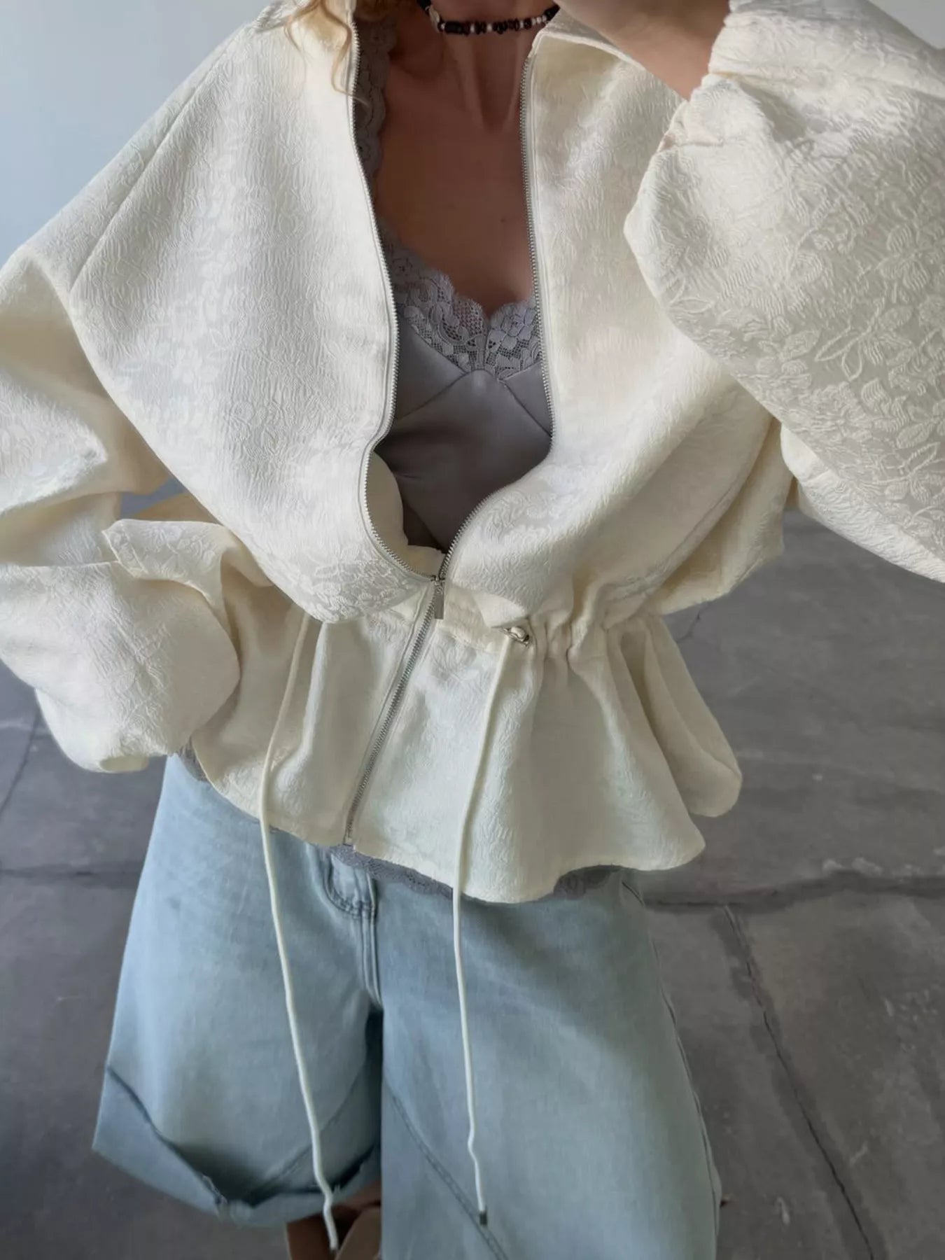 Trendsi Jacquard Bomber Jacket with Drawstring Waist -