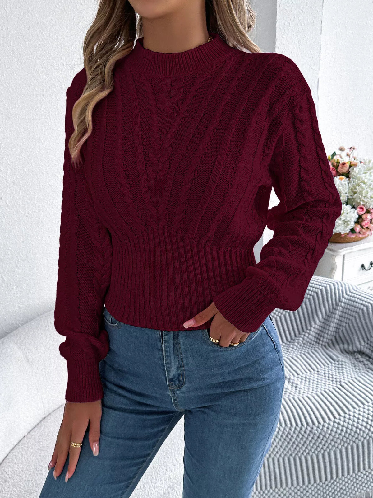Pink cable knit mock neck sweater