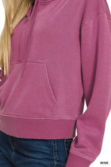 Trendsi Zenana Fleece Pigment Dye Half Zip Kangaroo Pocket Hoodie -