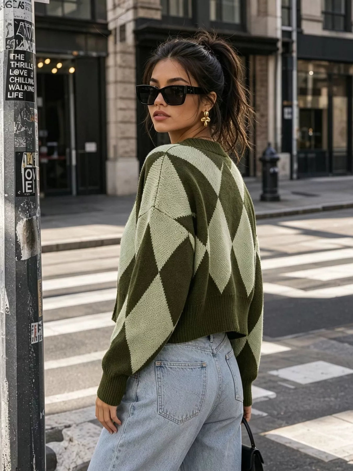 Green argyle v-neck button-front cardigan, back view.