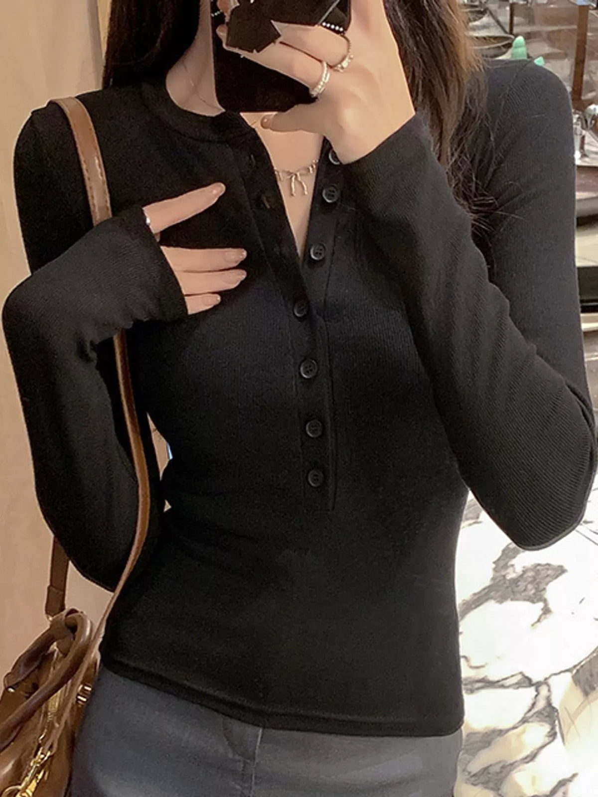 Button Detail Long Sleeve T-Shirt in black