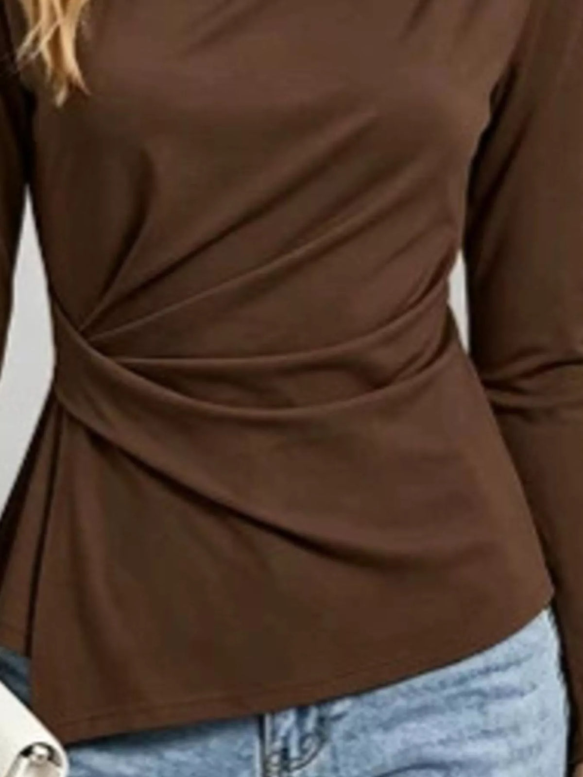 Ruched long-sleeve top, brown waist detail
