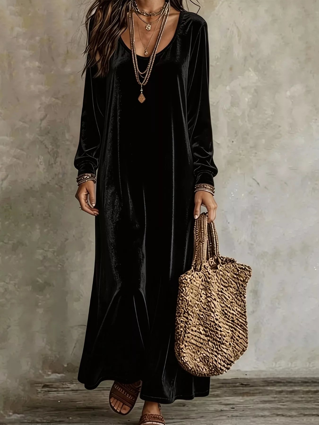 Trendsi Velvet Maxi Dress with Flowy Hem -
