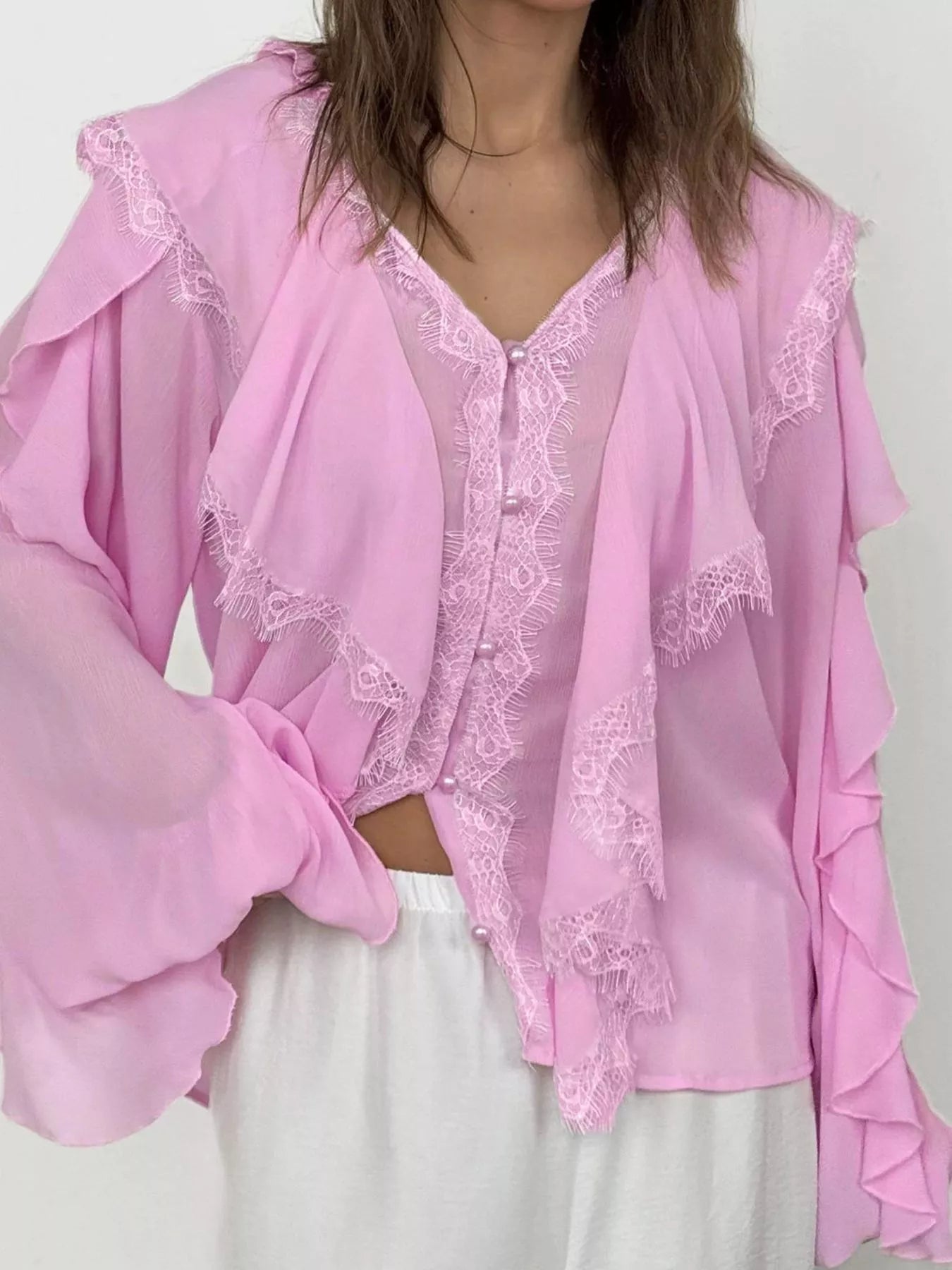 Trendsi V-Neck Ruffled Lace Trim Blouse -