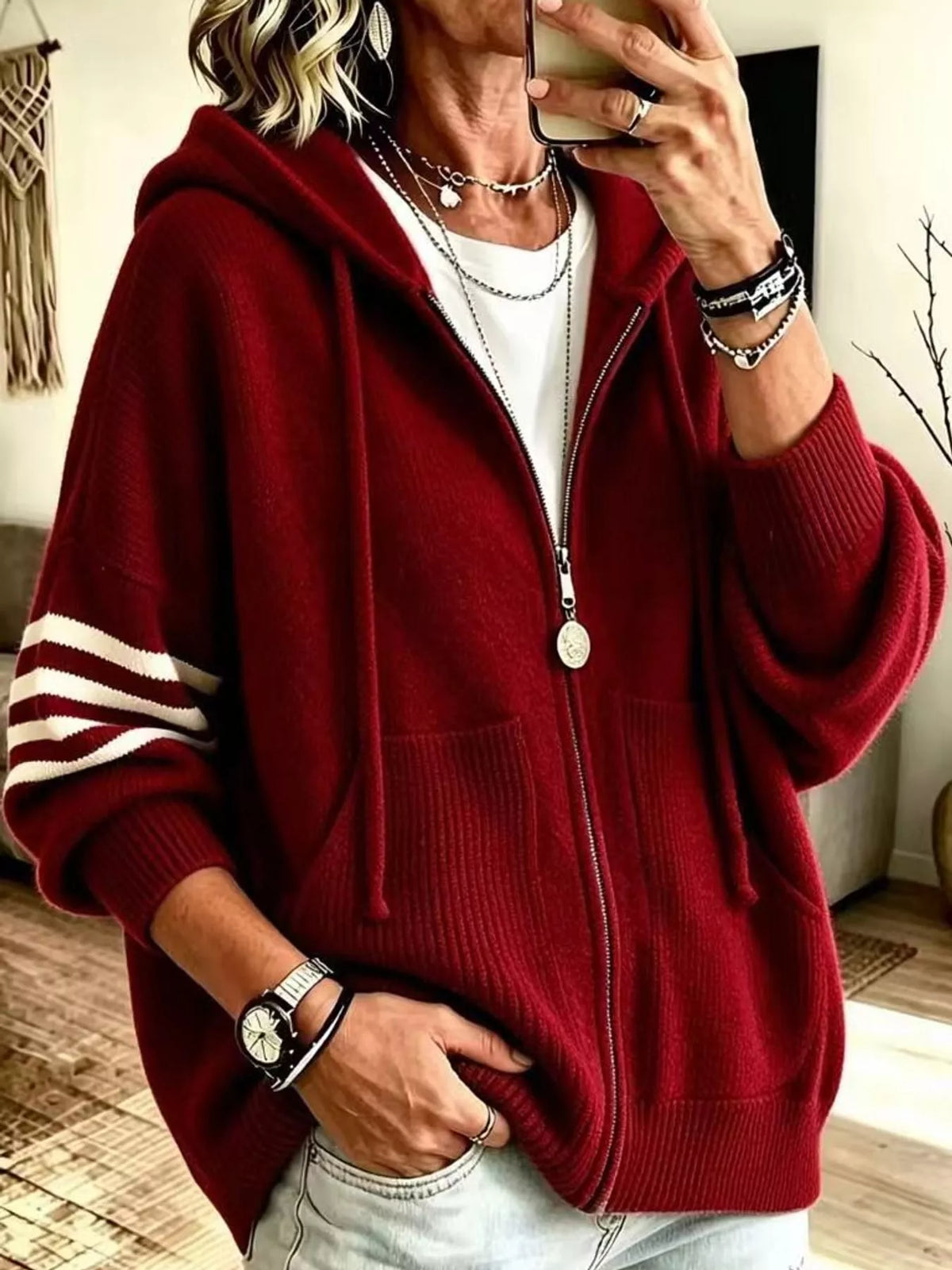 Burgundy hooded zip-up knit cardigan