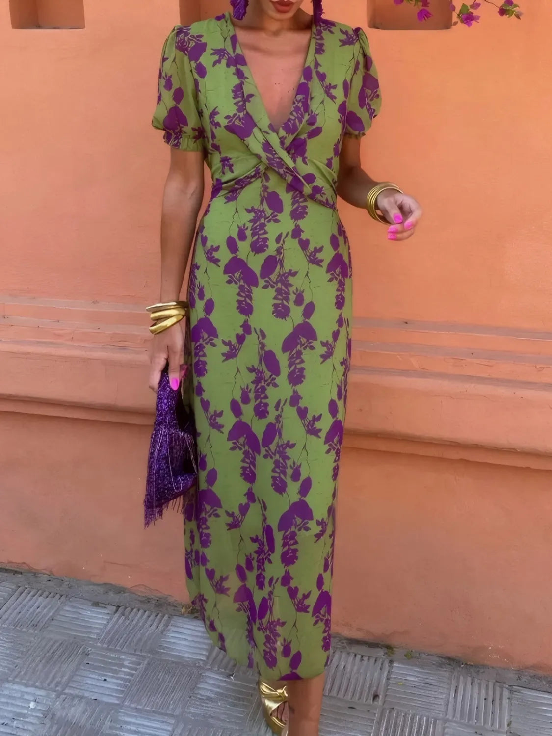 Trendsi Printed Plunge Short Sleeve Midi Dress -