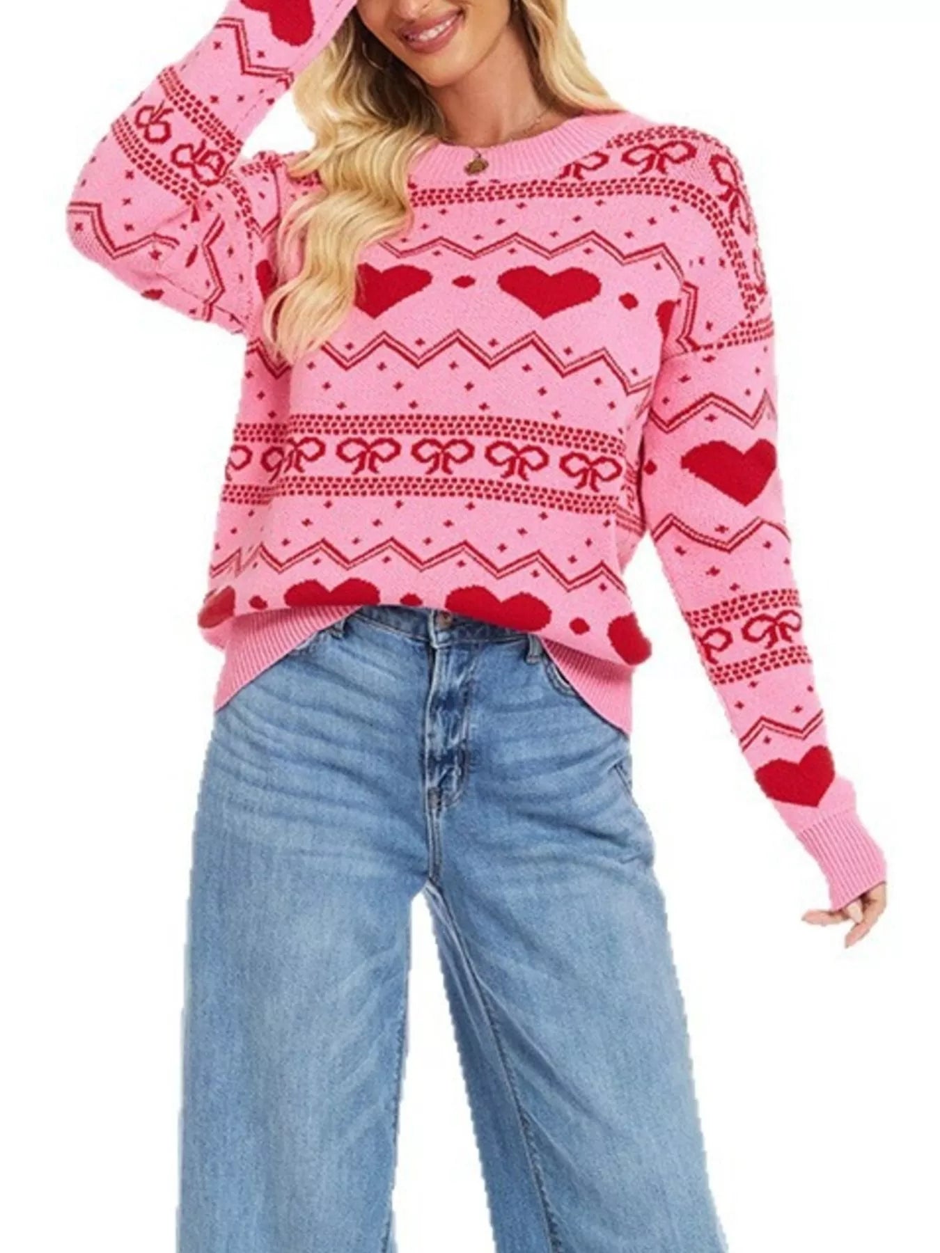 Trendsi Heart Pattern Dropped Shoulder Sweater -