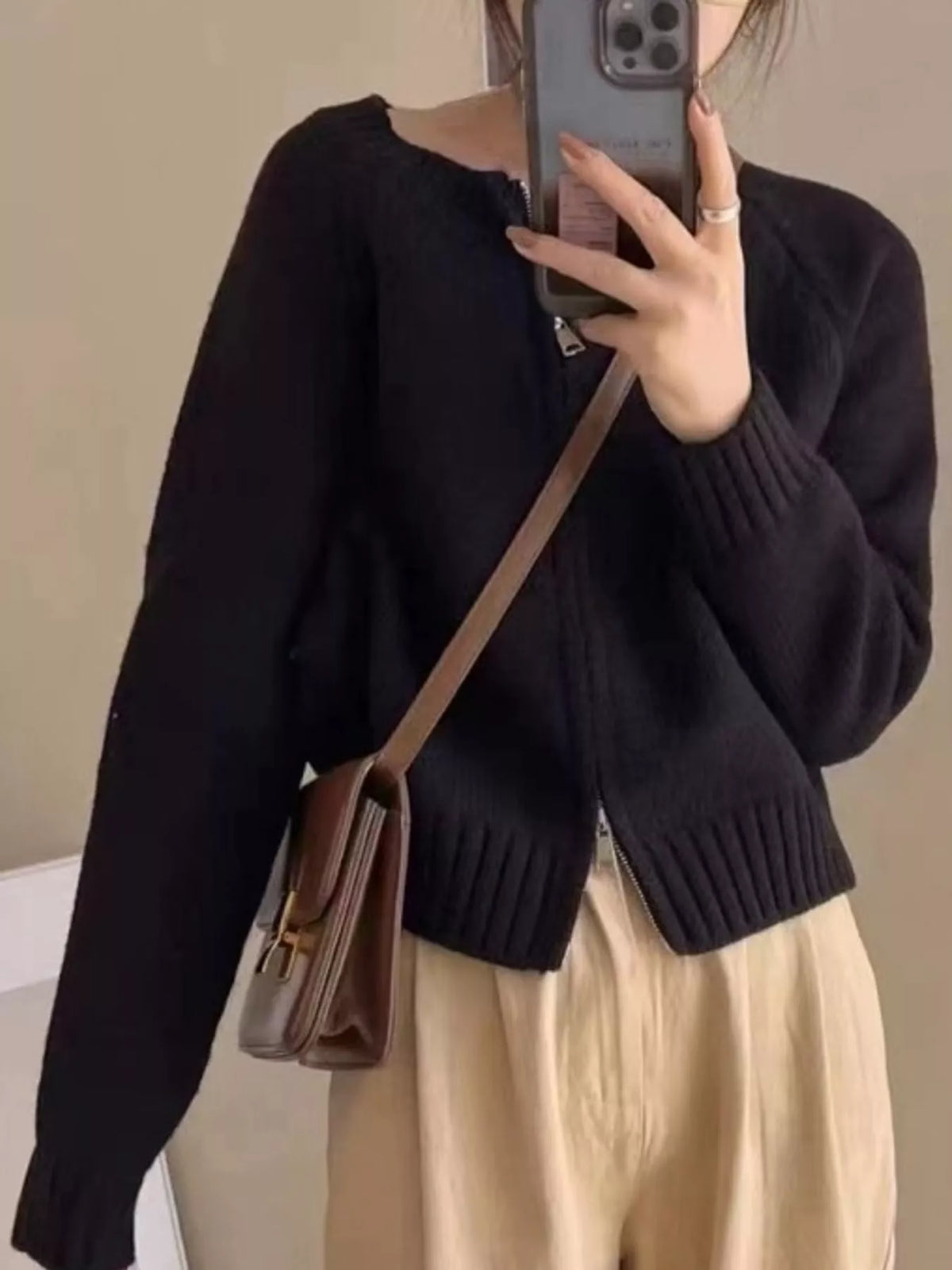 Ribbed-hem cardigan, black front