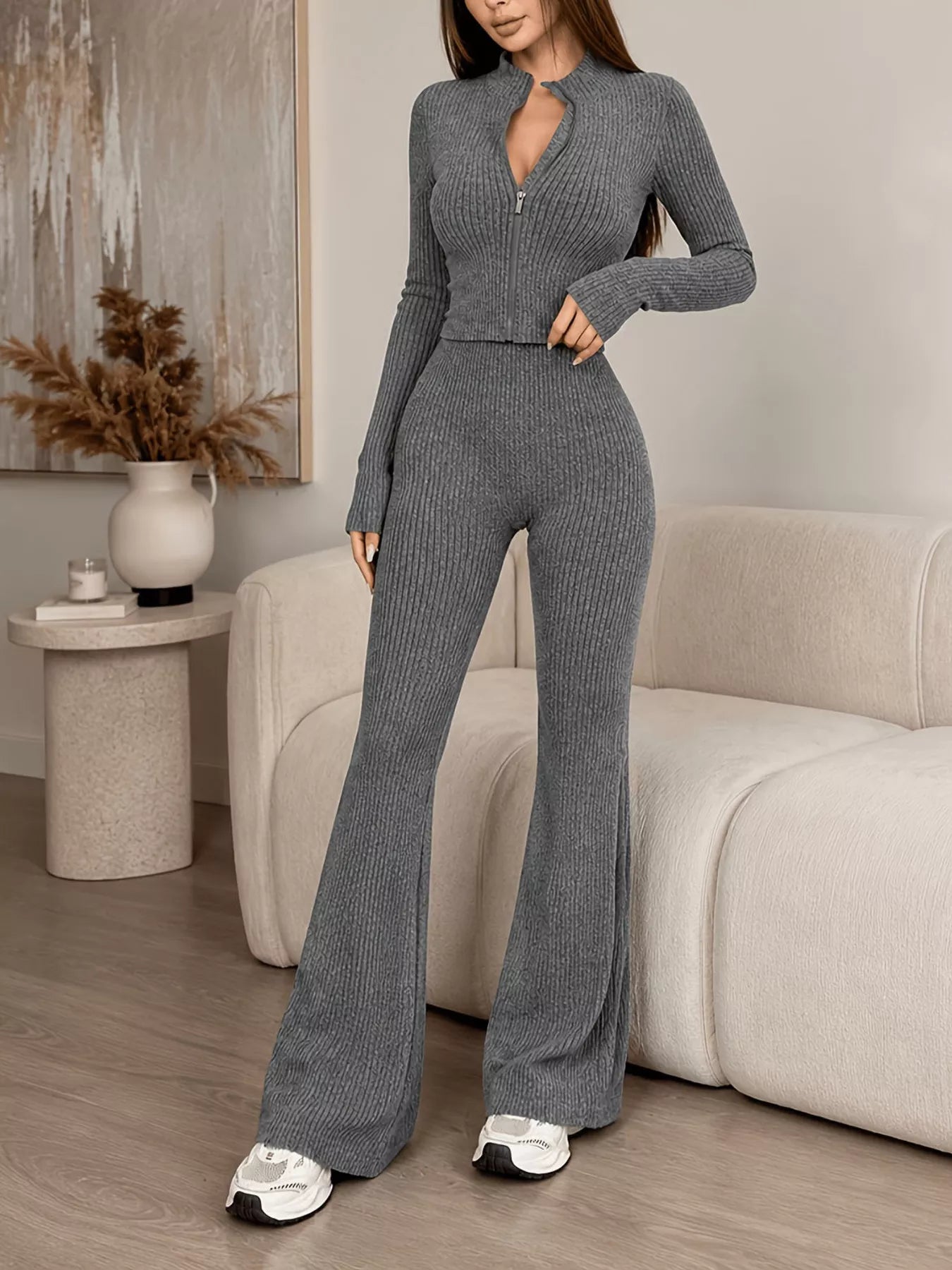 Ribbed zip-up cardigan and pants knit set