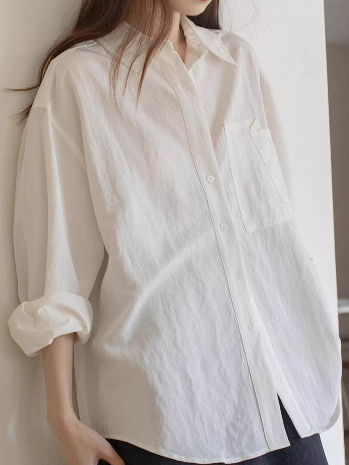 White button down long sleeve shirt, front view