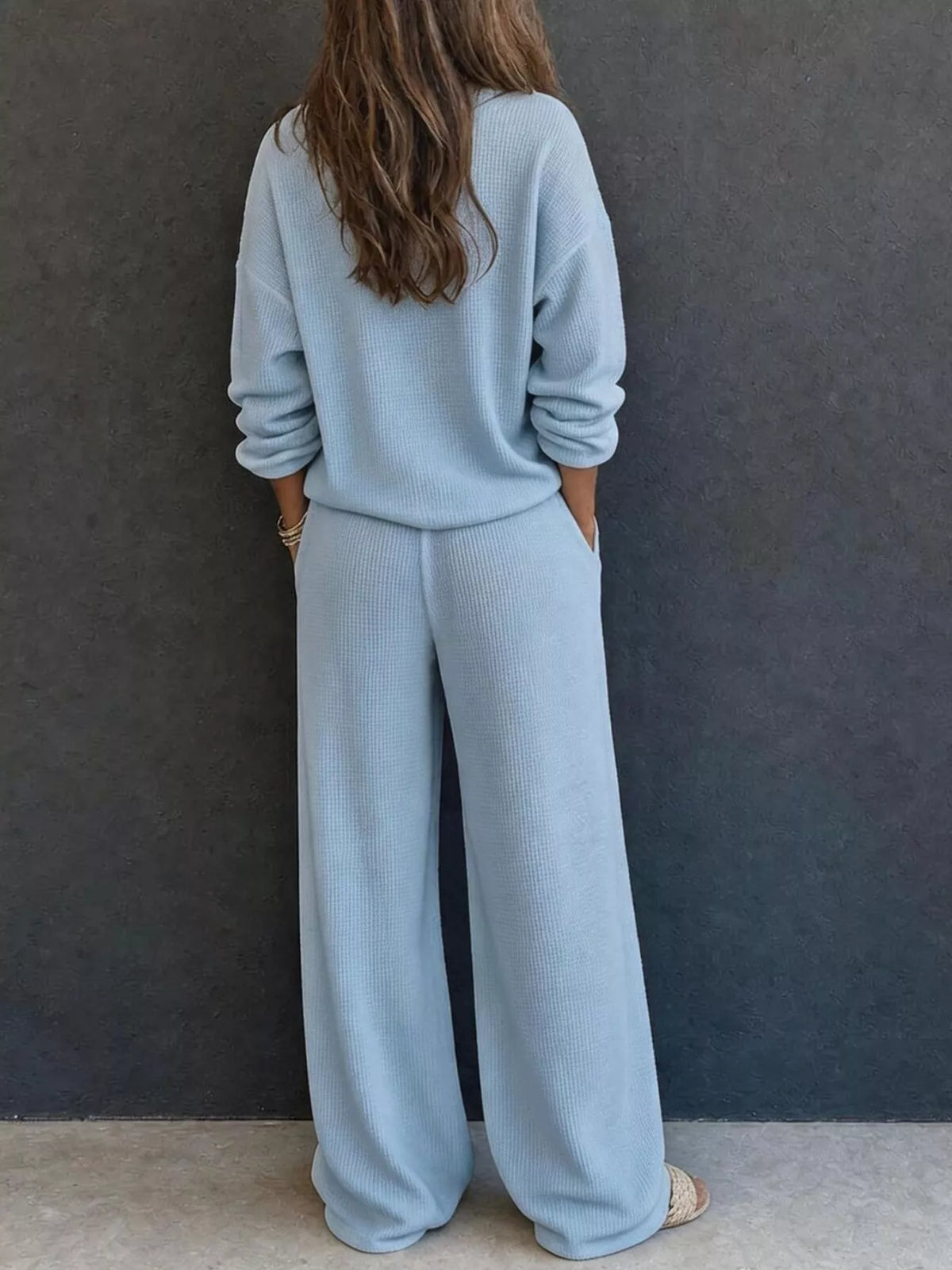 Women's Waffle Knit Button Detail Top and Pants Set in light blue — back view