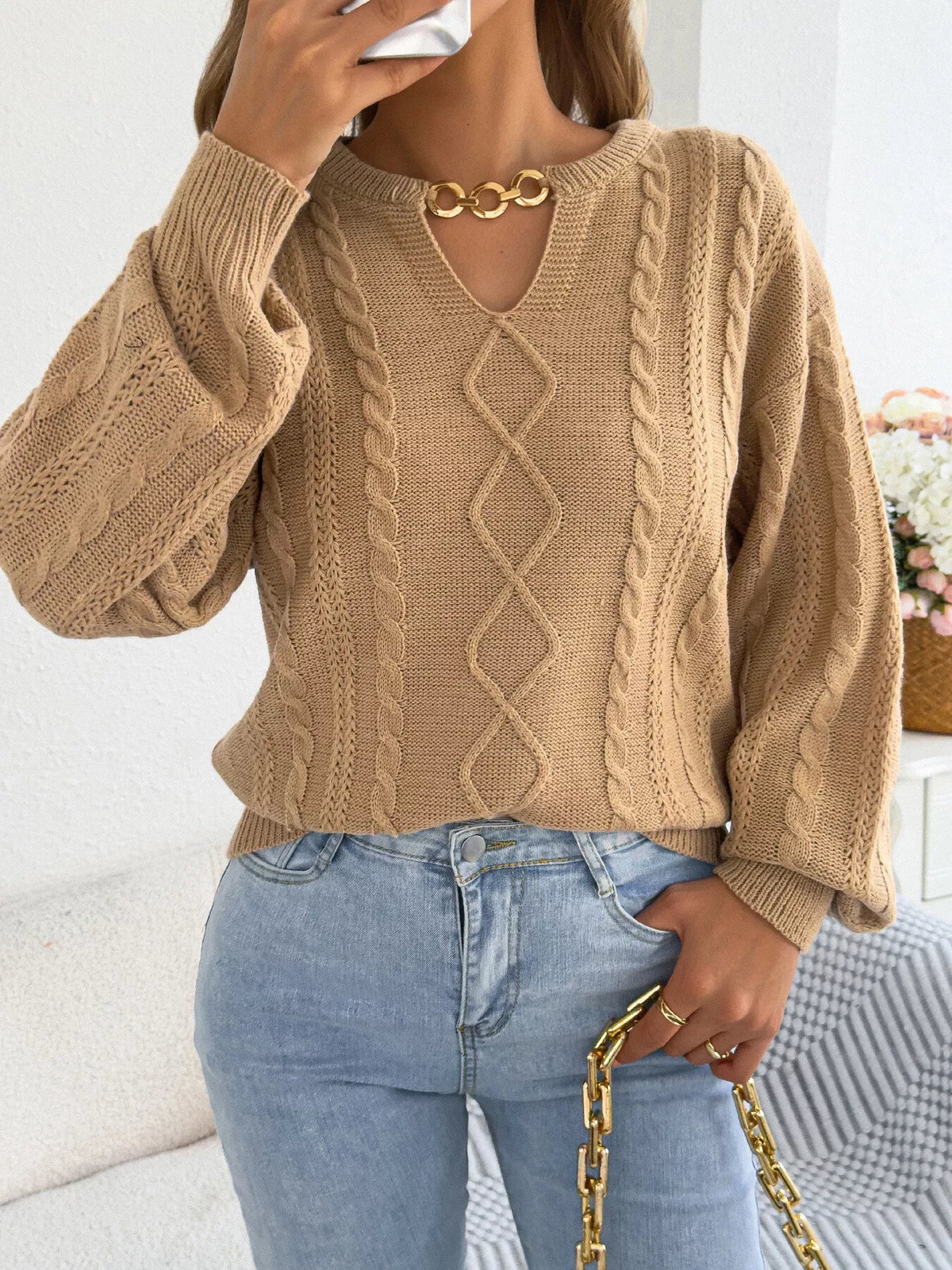 Tan cable knit notched sweater
