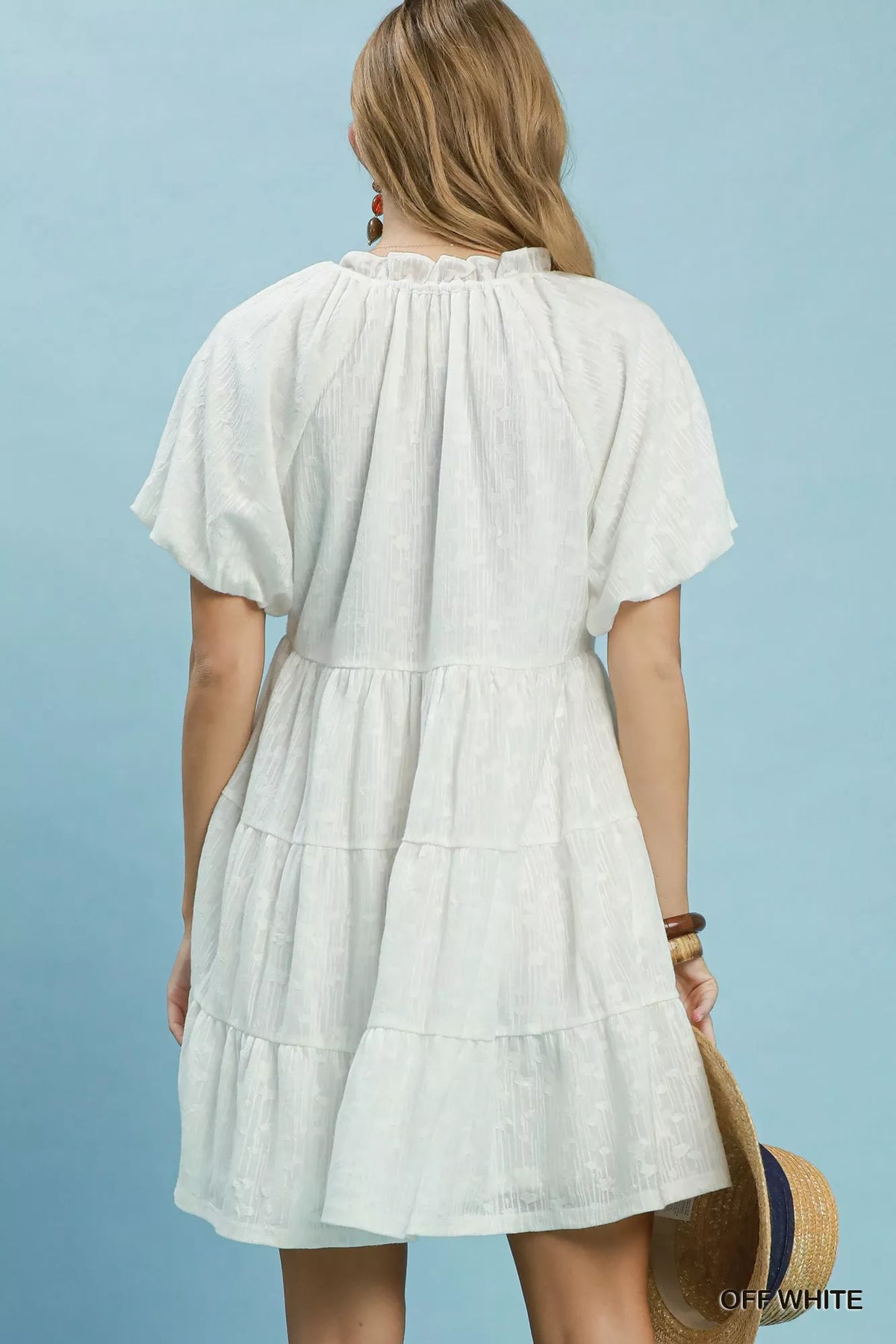 Women's jacquard mini dress with puff sleeves and V-neck - product view 3