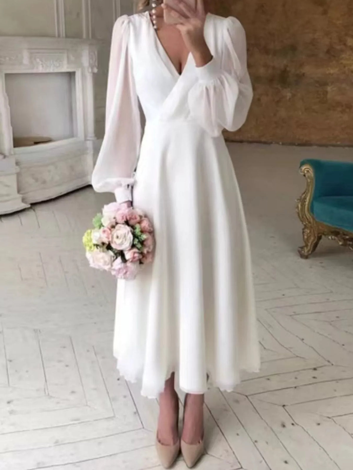 White surplice lantern-sleeve midi dress, front view