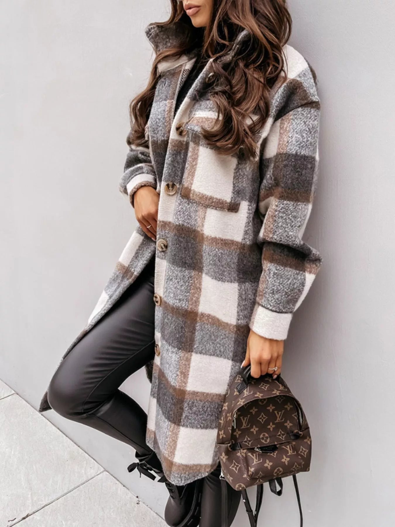 Trendsi Longline Plaid Button Up Coat -