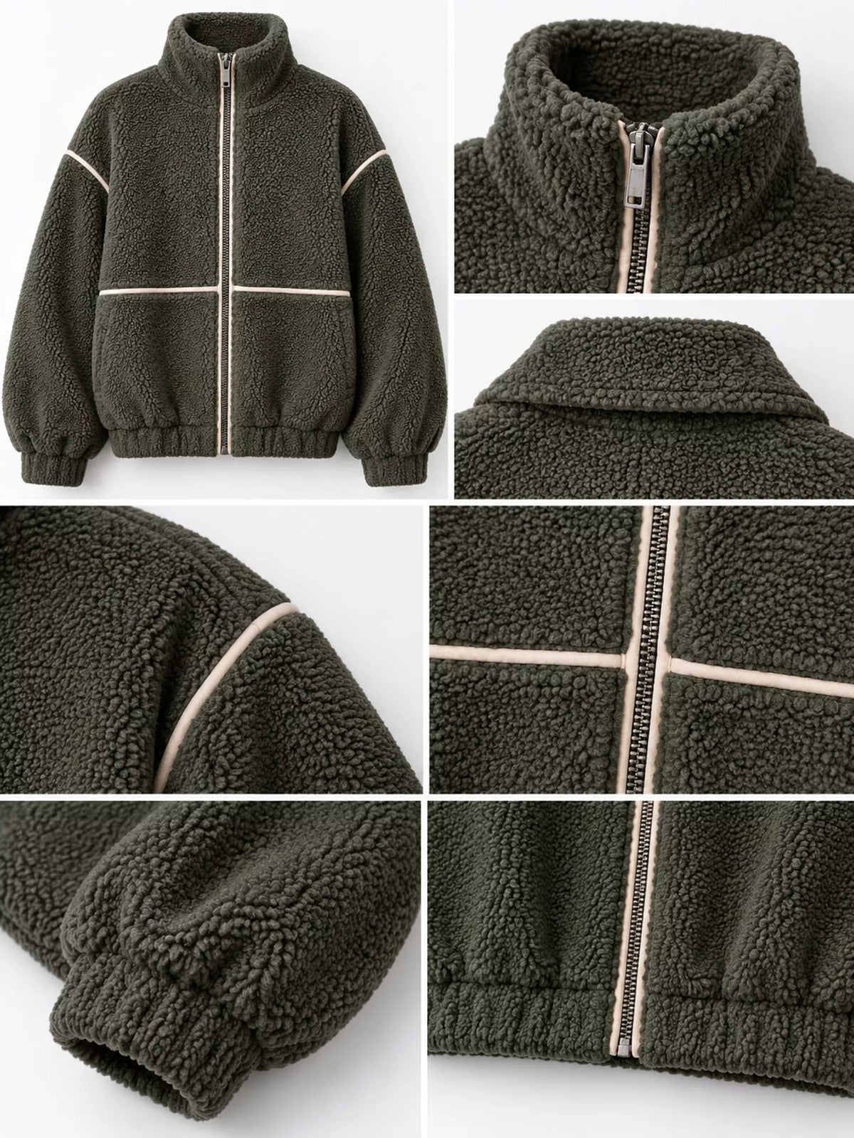 Stand Collar Sherpa Fleece Zip-Up Jacket — garment construction details
