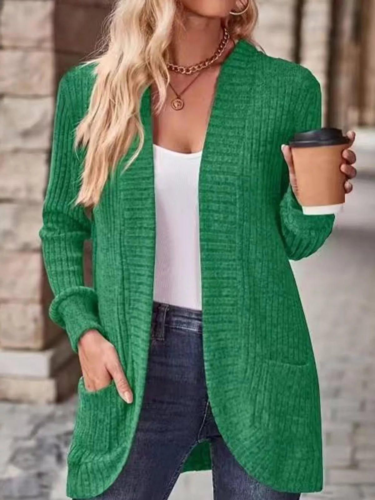 Green ribbed open-front longline cardigan