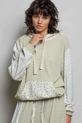Trendsi POL Mixed Knit Contrast Print Sleeve Hoodie with Kangaroo Pocket -