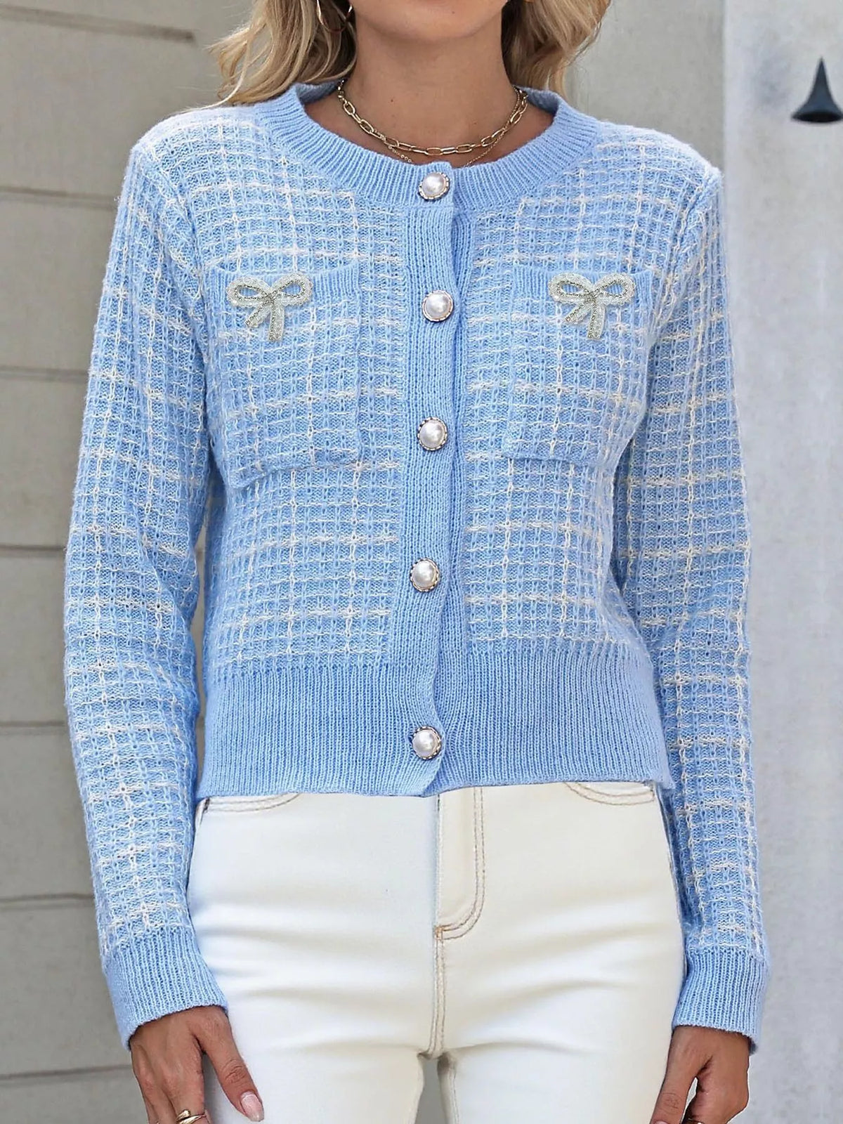 Tweed-style bow button-down cardigan