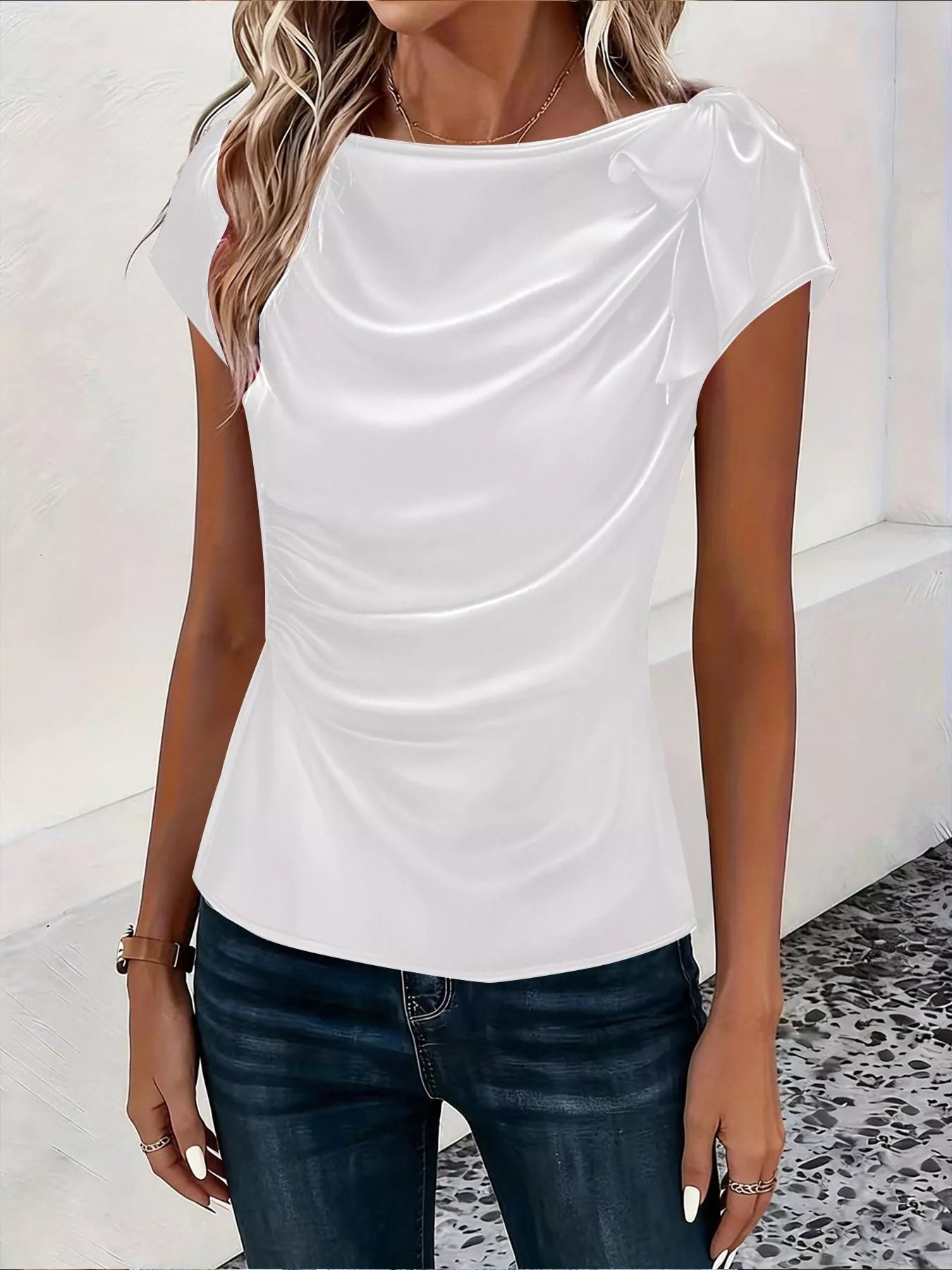 Trendsi Ruched Short Sleeve Satin Top -
