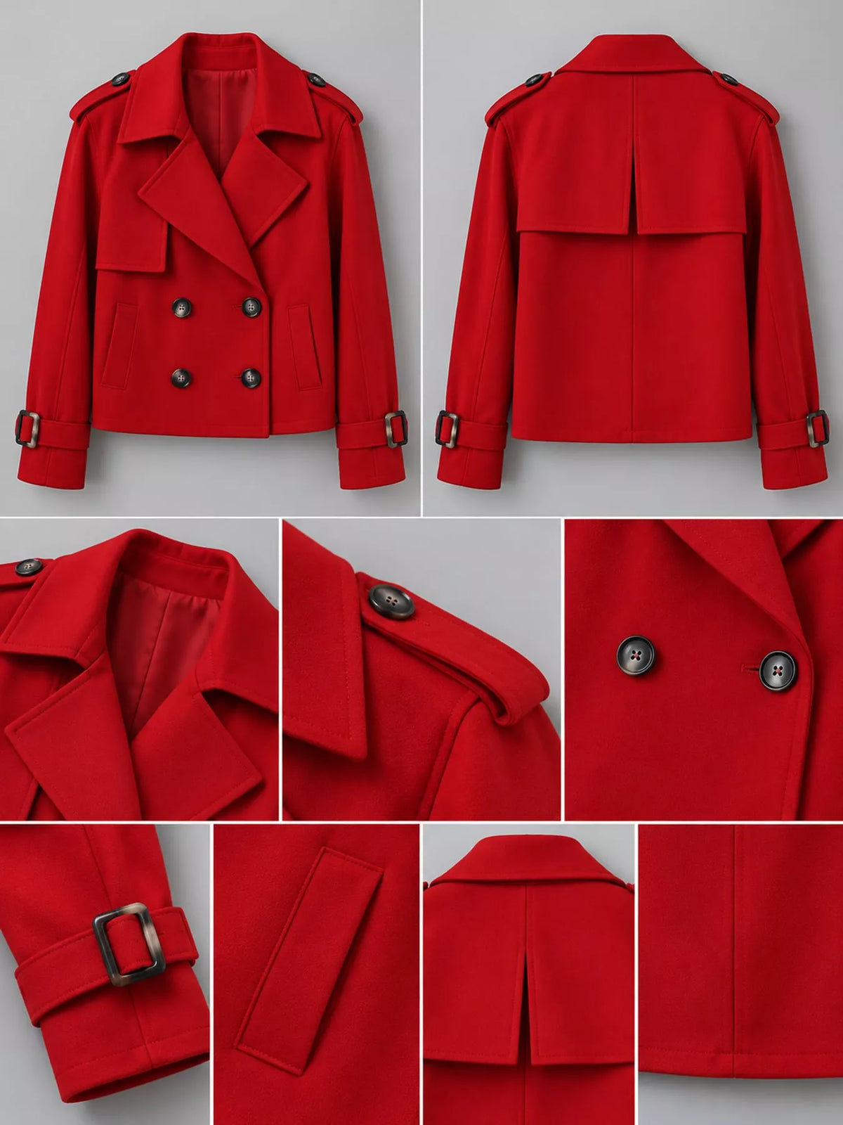 Women's Double-Breasted Cropped Trench Coat in red — detail collage view
