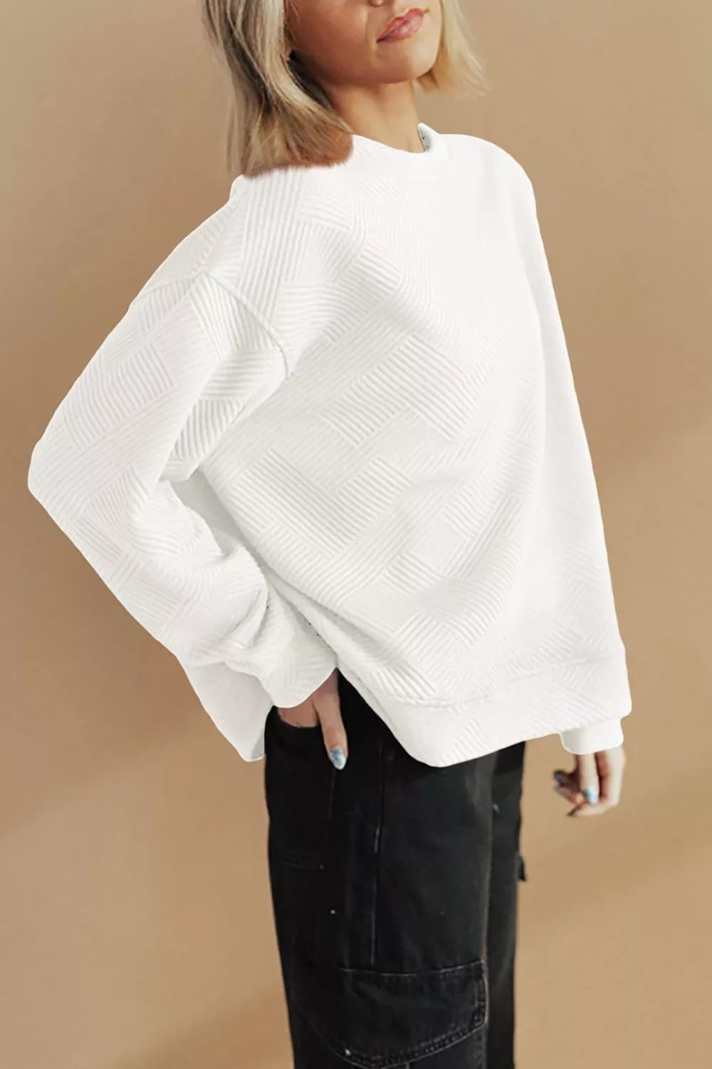 Trendsi Solid Color Textured Round Neck Drop Shoulder Pullover Sweatshirt -