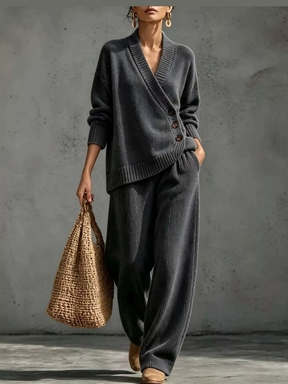 V-Neck Wrap Sweater and Wide-Leg Pants Set — front view