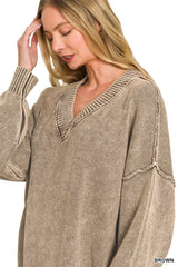 Trendsi Zenana Washed Deep V-neck Oversized Sweater - Sweaters
