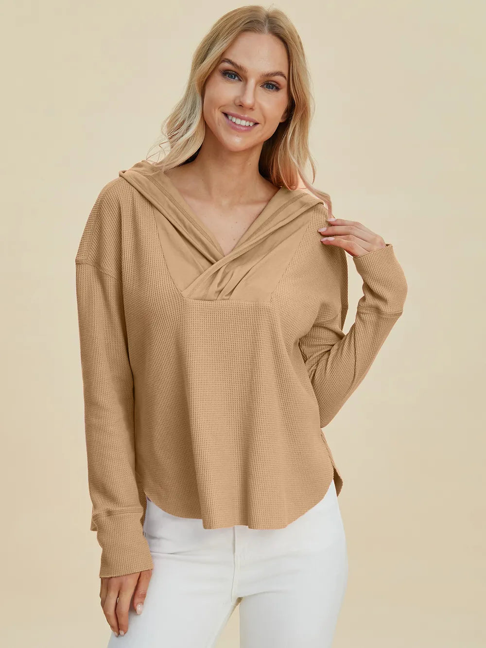 High-low dropped-shoulder long-sleeve hoodie