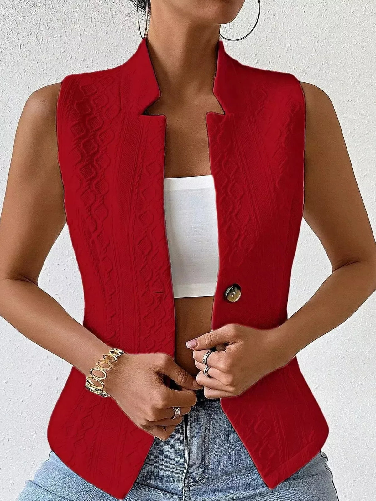 Textured Button-Down Vest in red, front view