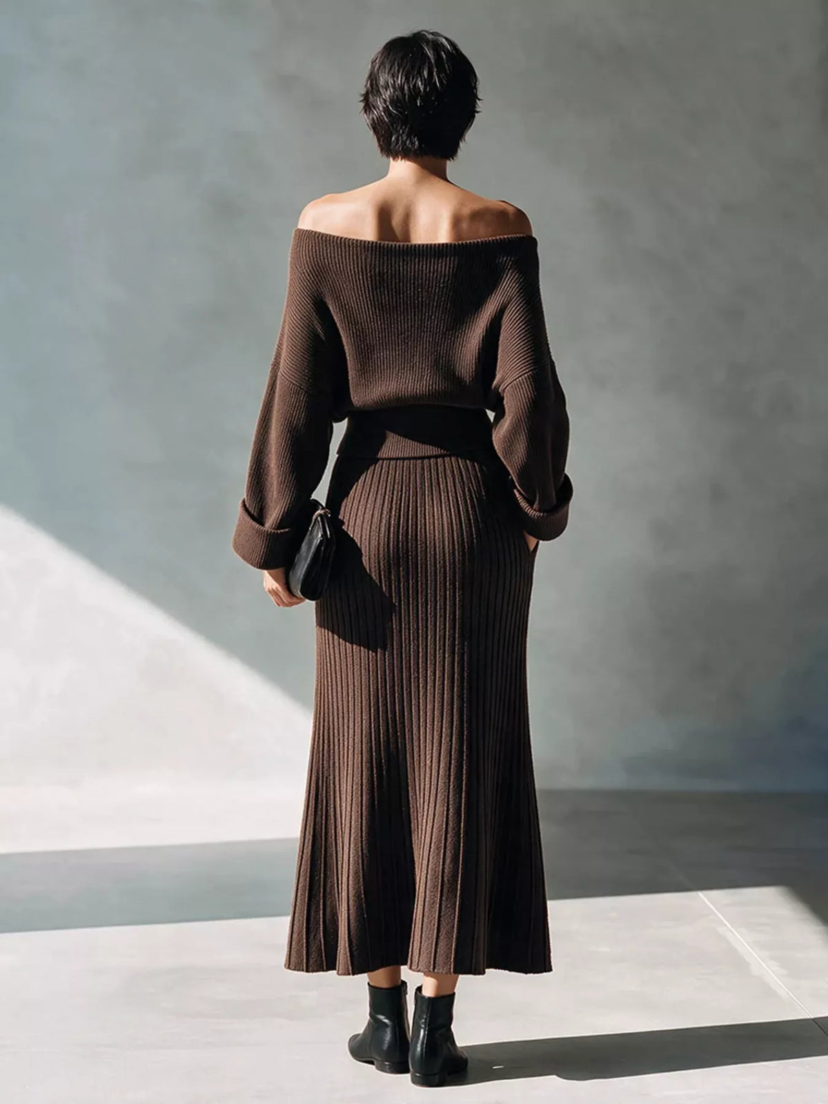 Off-Shoulder Ribbed Top and Skirt Set, back view