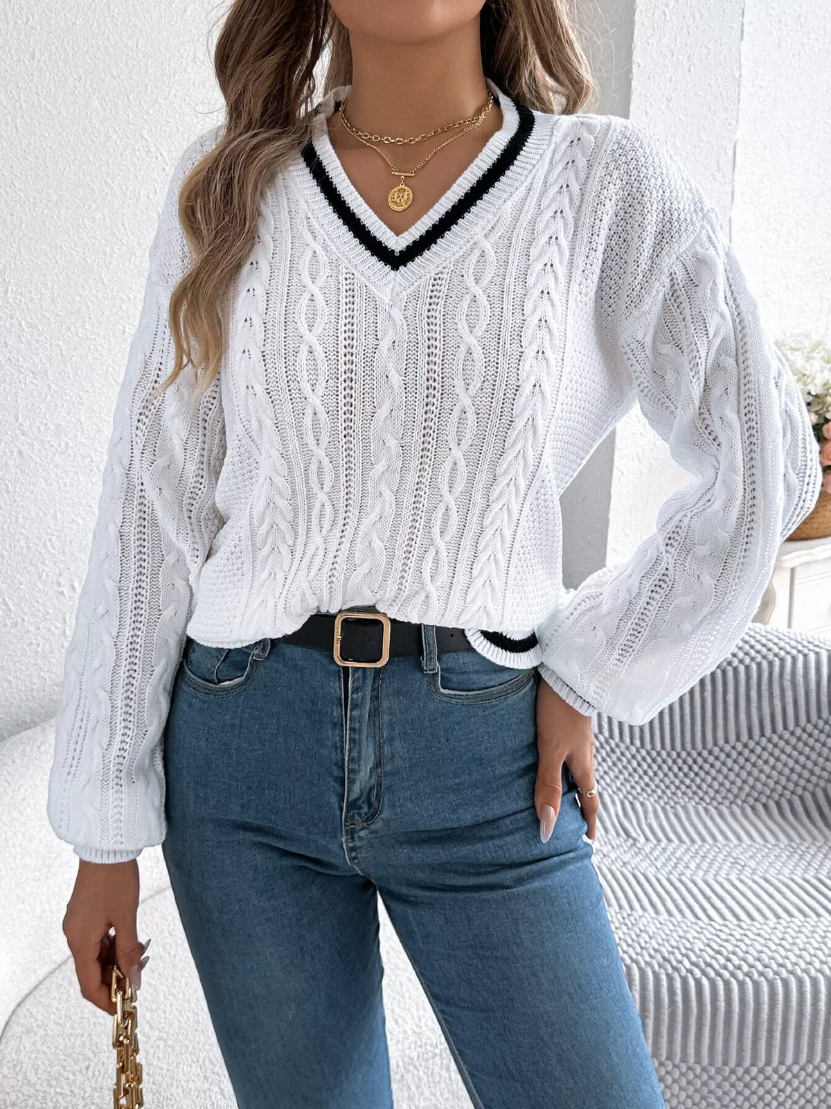 V-Neck Cable Knit Sweater with Striped Trim in white, front view