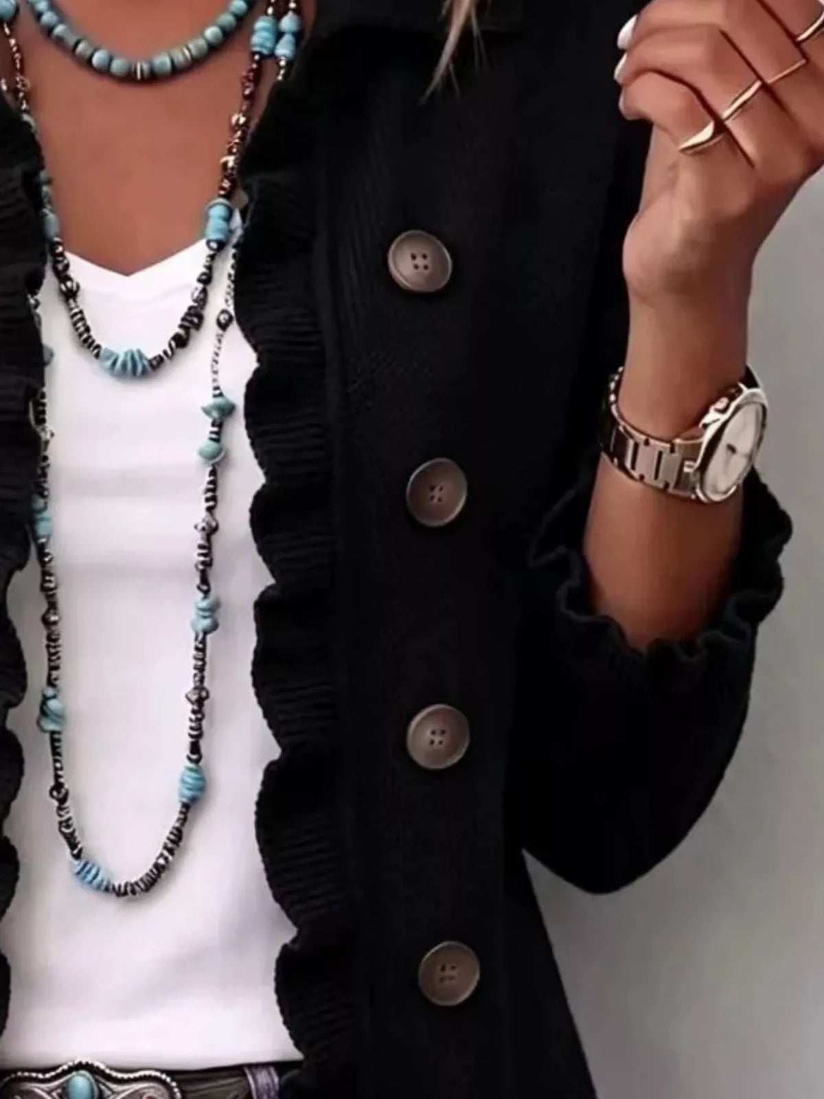 Ruffle-trim button-front cardigan