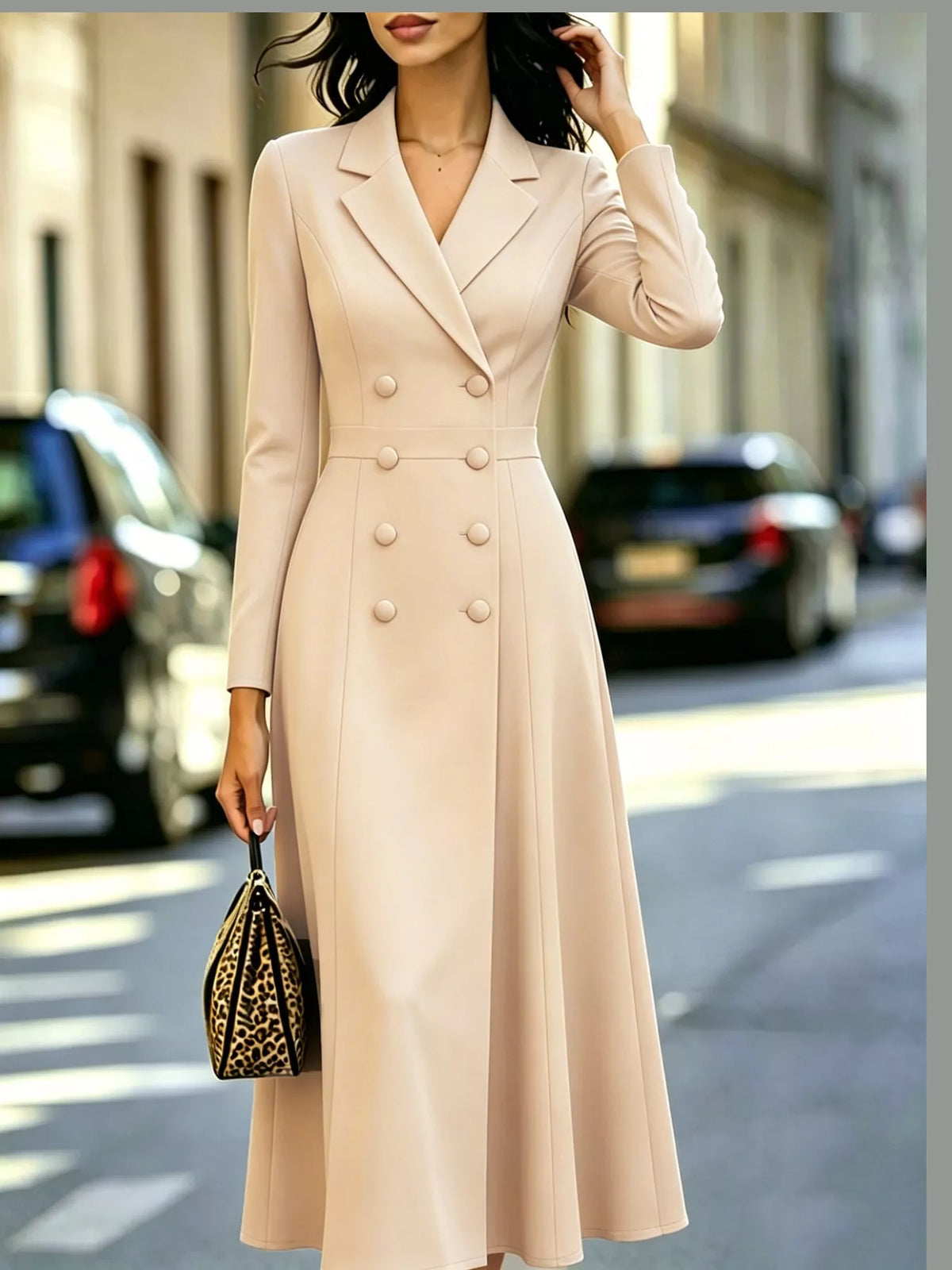 Beige double-breasted lapel collar midi dress — front view