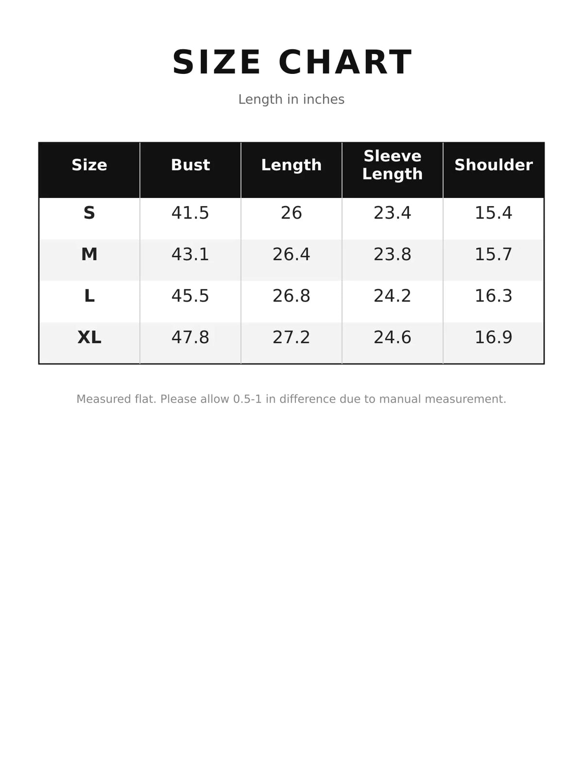 Contrast Collar Long Sleeve Shirt — size and measurement chart