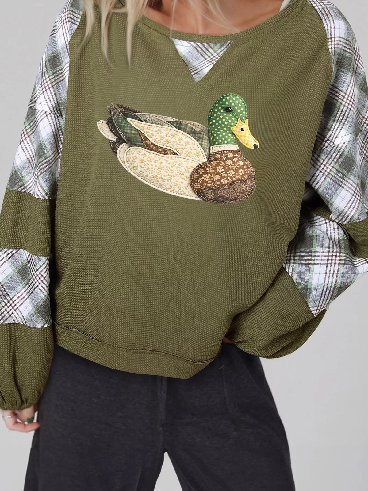 Duck Applique Plaid Waffle Knit T-Shirt, front view