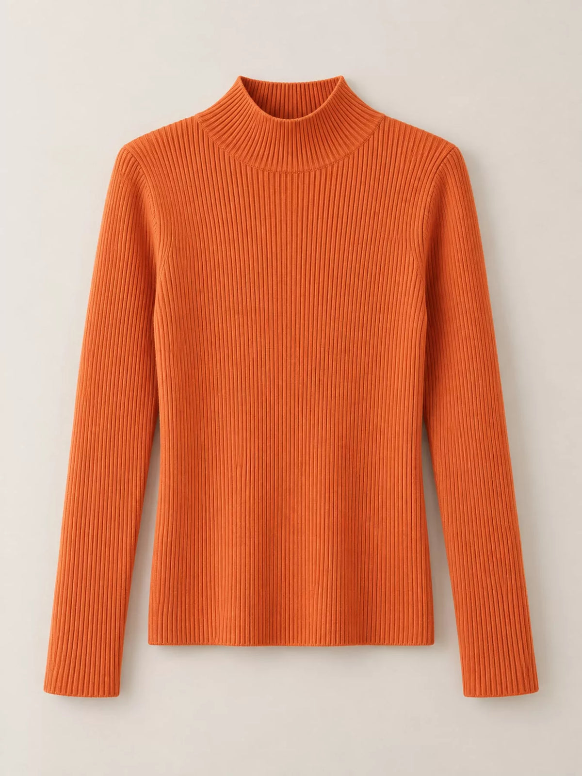 Orange ribbed mock neck long sleeve knit top